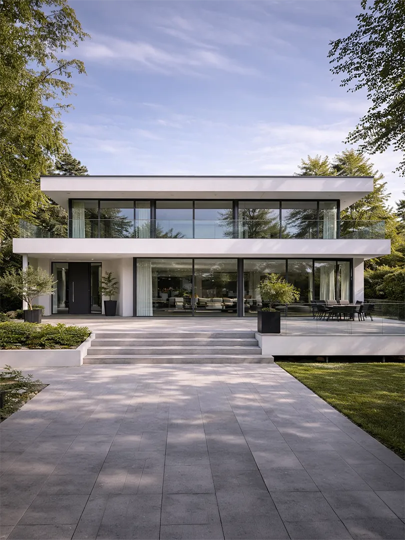 Ein modernes, flaches Gebäude mit zwei Stockwerken, Glasfronten und einem hell gepflasterten Steinweg mit Treppe.