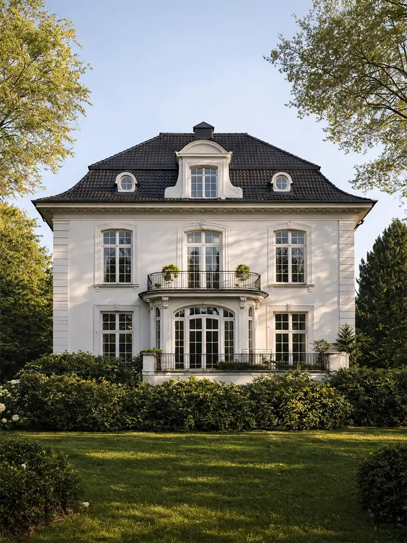 Ein weißes Herrenhaus mit schwarzem Dach, Balkon, Terrasse und Garten.