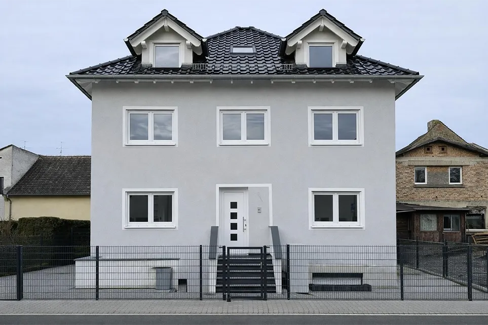 Ein modernes, neu gebautes Haus mit heller Fassade, dunklem Dach und Dachgauben.