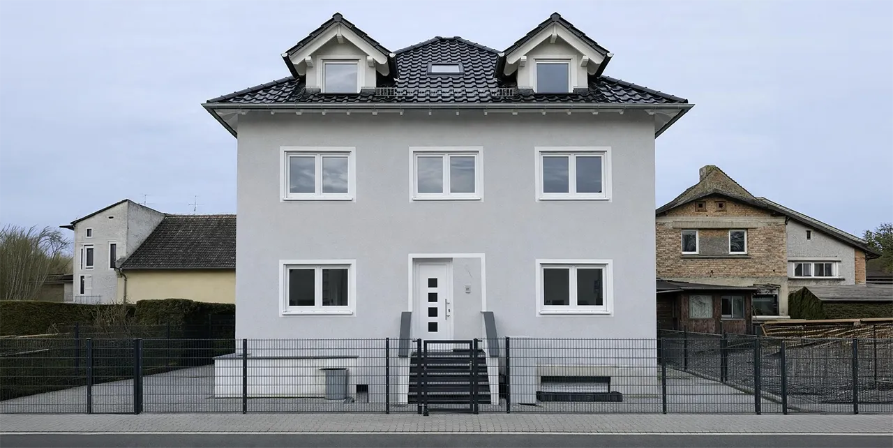 Ein modernes, neu gebautes Haus mit heller Fassade, dunklem Dach und Dachgauben.